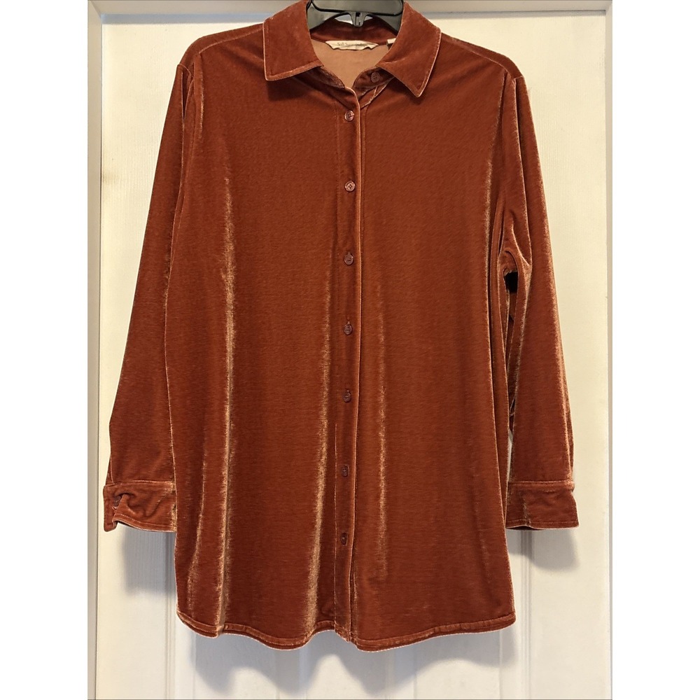 Soft Surroundings Velvet Boyfriend Lined Tunic Shirt Button Up Rust Luxe Sz PXL‎